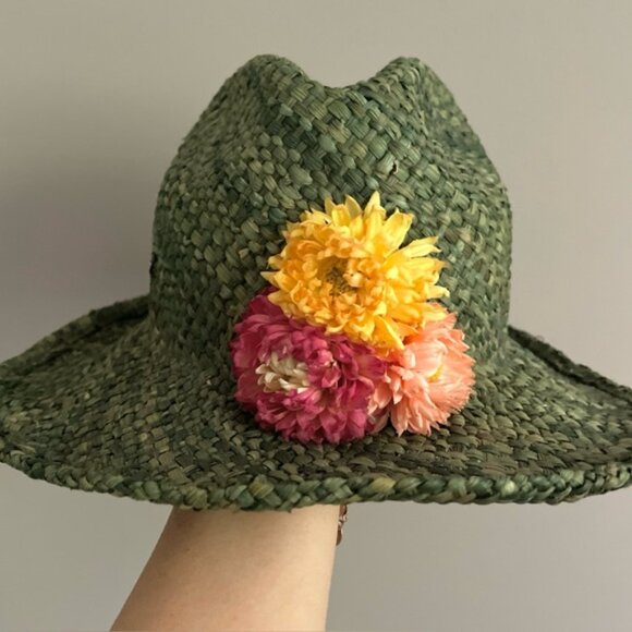 Vintage Green Straw Fedora Hat w/ Flowers - made by Vicki Sather 🇨🇦 - Picture 2 of 10